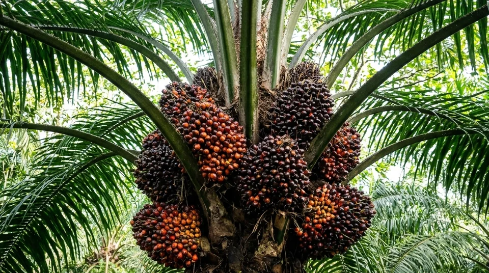 Hamparan kebun kelapa sawit dengan tandan buah segar melingkar padat di setiap pokok