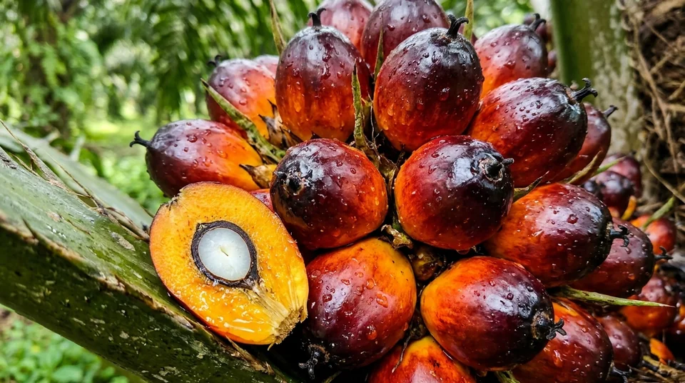 Detail makro berondol kelapa sawit bulat besar merah oranye mengkilap kaya minyak