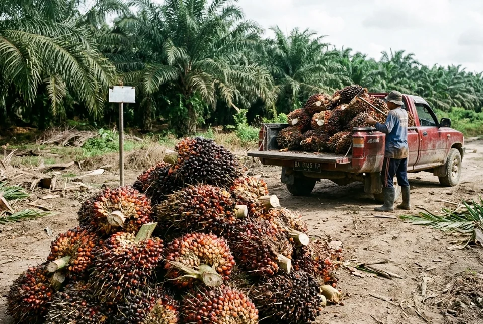 Hasil panen tandan buah segar kelapa sawit super berat 30+ kg merah mengkilap