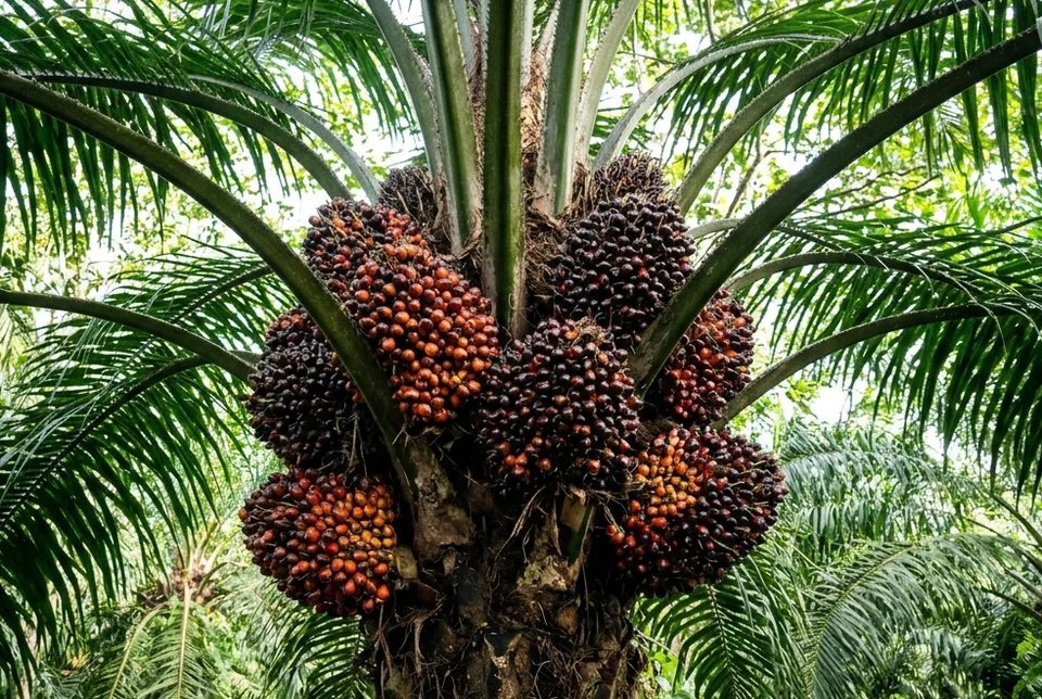 Pangkal pelepah kelapa sawit penuh tandan buah betina bertingkat tanpa sela