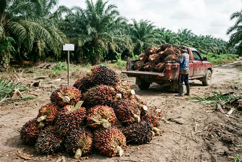 Tumpukan hasil panen TBS kelapa sawit super jumbo berondol merah padat