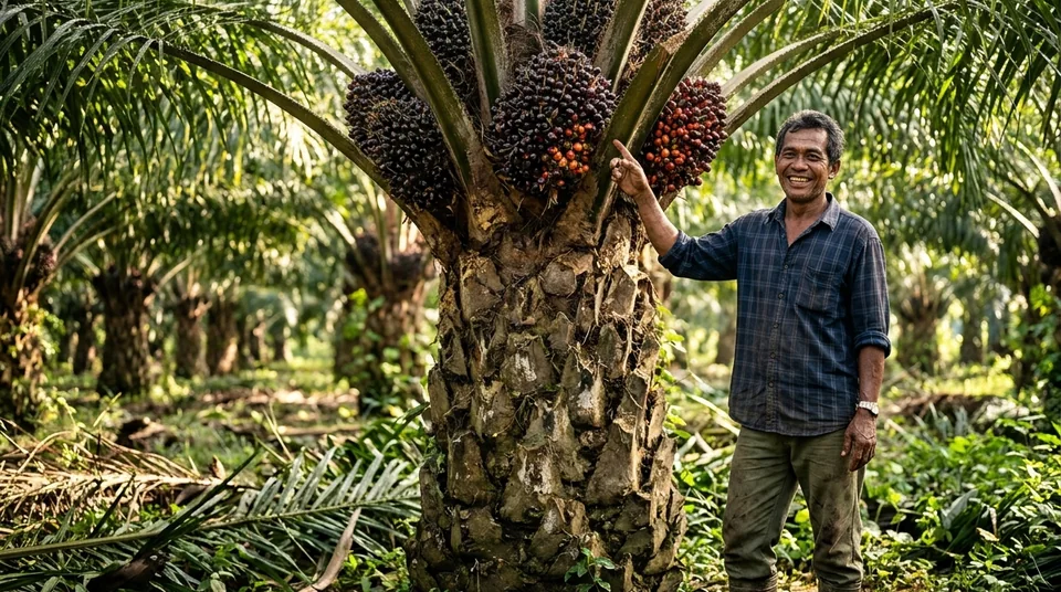 Pak Sinaga di Asahan Sumatera Utara bersama pokok sawit jantan Vesipera yang mulai berbuah lebat
