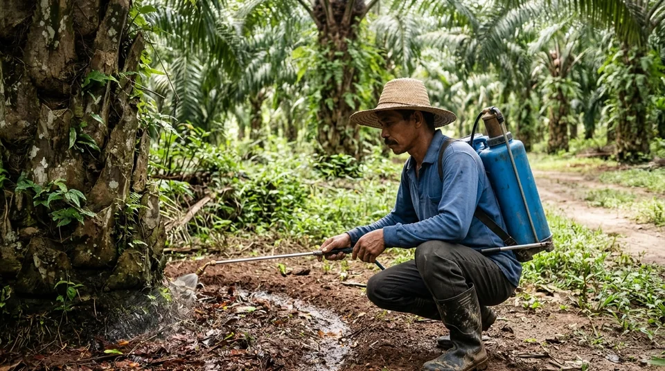 Petani menyemprot tajuk pucuk dan mengocor piringan kelapa sawit dengan larutan AUSSIE