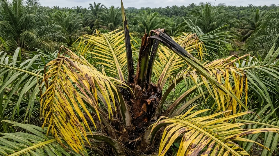Tombak pupus kelapa sawit membusuk lonyot kecokelatan dan patah menggantung akibat penyakit busuk pucuk Spear Rot