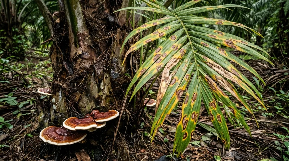 Daun sawit dipenuhi bercak kuning cokelat Curvularia dan pangkal batang keropos terserang Ganoderma