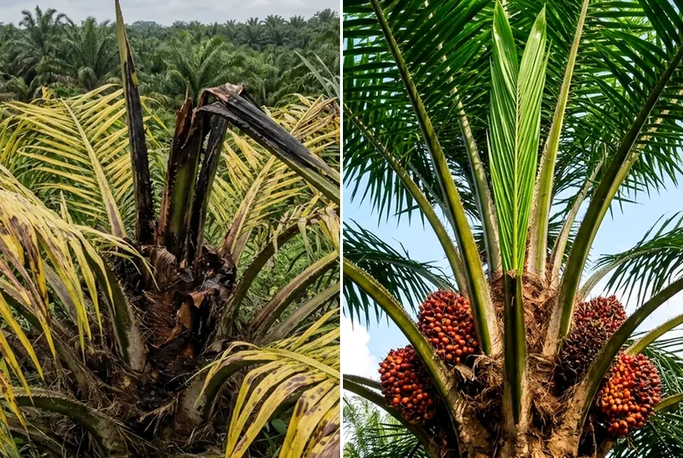 Perbandingan kelapa sawit terserang busuk pucuk tombak, bercak daun Curvularia & Ganoderma vs pulih hijau mekar