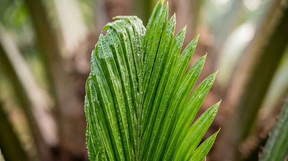 Detail makro pupus tombak kelapa sawit baru yang mekar hijau mulus bebas busuk dan bercak