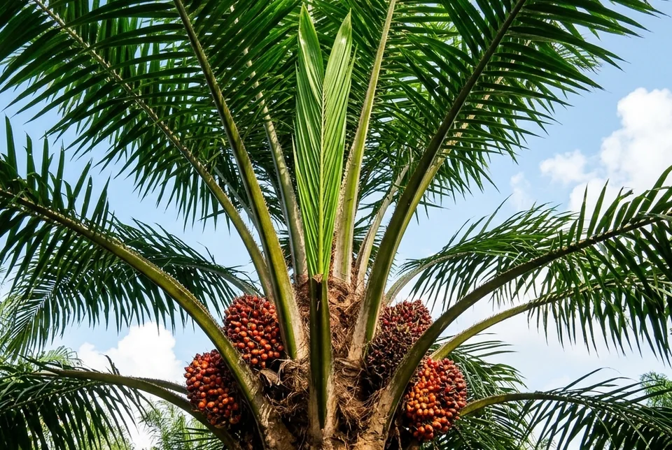 Tajuk kelapa sawit mekar hijau tegap berlapis silika bebas bercak daun