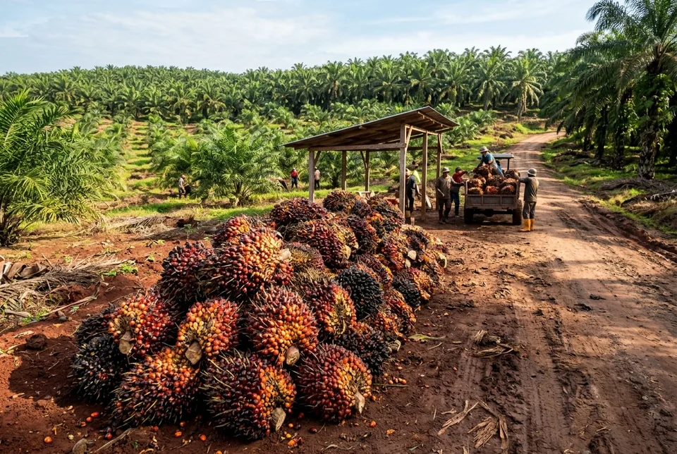 Hasil panen tandan buah segar kelapa sawit merah padat bebas busuk buah