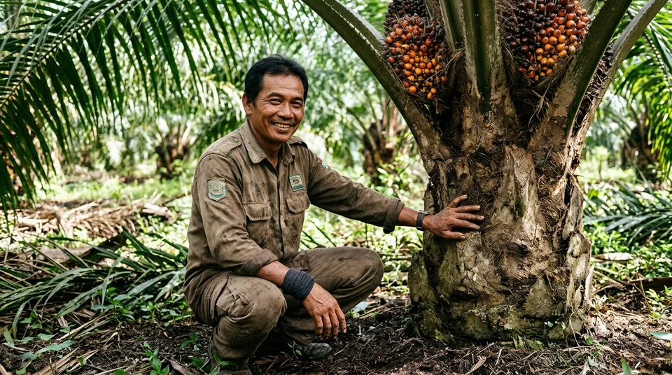 Pak Ruslan di Kotawaringin Timur Kalimantan Tengah bersama pokok sawit yang pulih dari Ganoderma