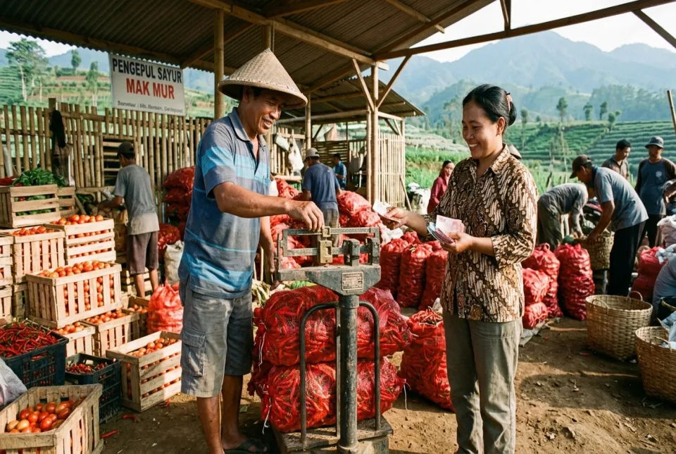 Petani menimbang karung cabai dan peti tomat Grade A yang berat berbobot di timbangan