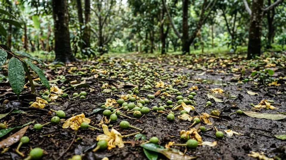 Ratusan bunga dan pentil buah durian serta alpukat seukuran kelereng gugur berserakan di tanah basah habis hujan malam