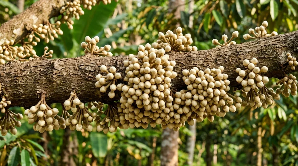 Dahan pohon buah penuh dompolan pentil dan buah lebat dengan Saratoga