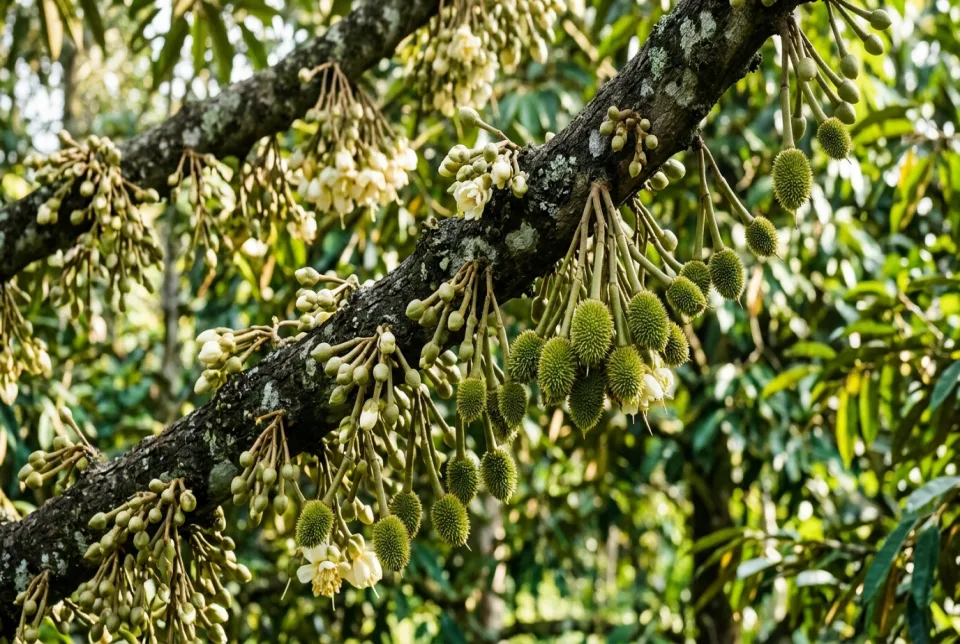Dahan pohon durian dan alpukat tua pecah dompolan bunga dan pentil buah seukuran kelereng mengunci kuat