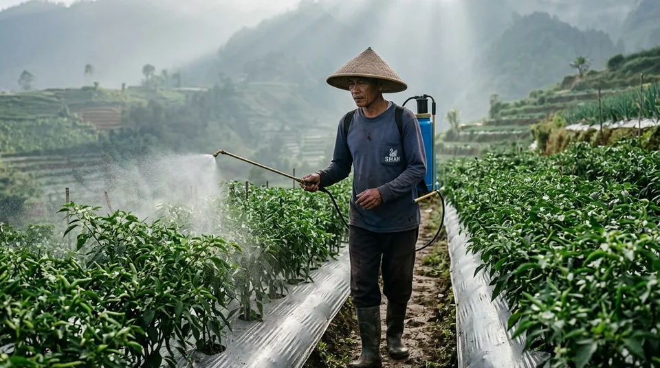 Petani menyemprotkan kabut nutrisi Bensu pada tanaman cabai di pagi hari