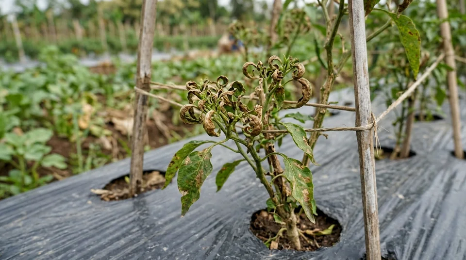 Daun cabai menguning pucat layu terkulai dan pucuk mengerut kaku keriting akibat stres cuaca dan overdosis obat
