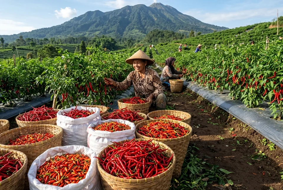 Hasil panen cabai merah mengkilap berkarung-karung dari kebun yang sehat