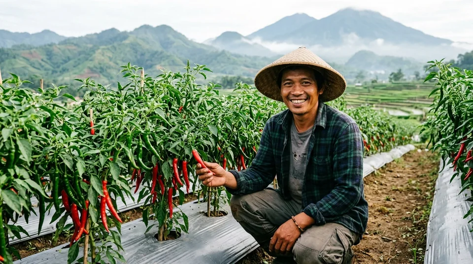Pak Deden di Garut Jawa Barat di kebun cabai merah besar yang sembuh dari layu dan kuning