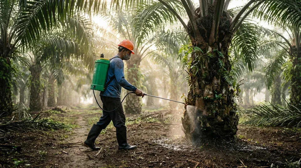 Petani menyemprot dan mengocor larutan nutrisi AUSSIE di pangkal batang dan piringan kelapa sawit