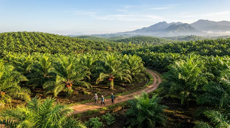 Hamparan kebun kelapa sawit sehat hijau pekat bebas Ganoderma pasca perawatan AUSSIE