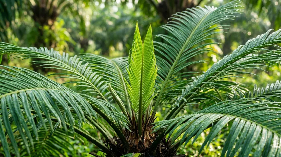 Detail makro pupus kelapa sawit hijau segar membuka tegap bebas busuk pucuk
