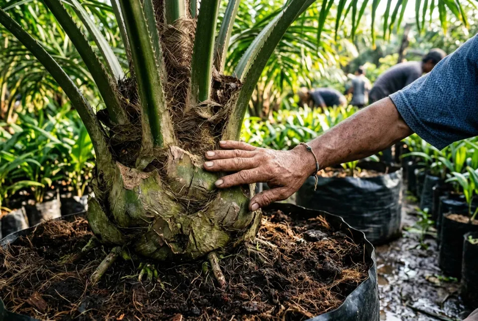 Jaringan pangkal batang kelapa sawit mengering keras terlindungi perisai kalus pasca aplikasi AUSSIE
