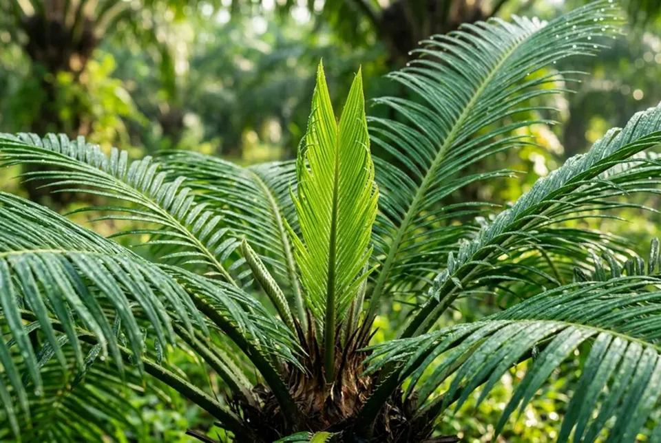 Pupus tombak muda kelapa sawit membuka tegap hijau gelap pasca pemulihan AUSSIE