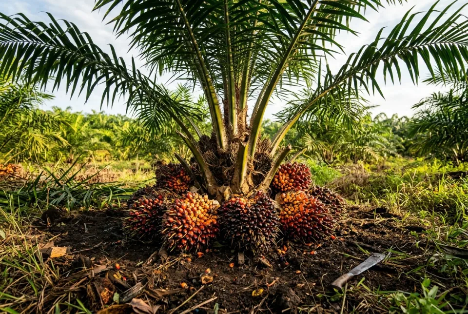 Pangkal batang kelapa sawit sehat dengan tandan buah melingkar penuh