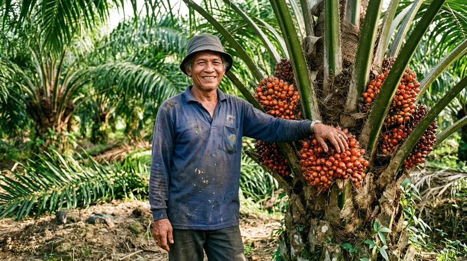 Pak Syamsuddin di Rokan Hulu Riau bersama pokok kelapa sawit yang pulih dari serangan Ganoderma