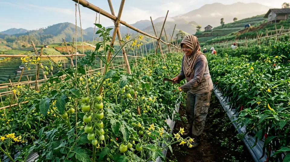 Foto panorama hamparan kebun cabai berbunga lebat dan berbuah rimbun di perbukitan