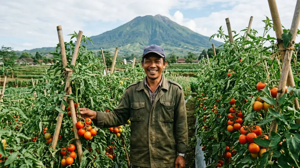 Dokumentasi tanaman tomat Pak Kusnadi lebat bertandan buah padat di Garut