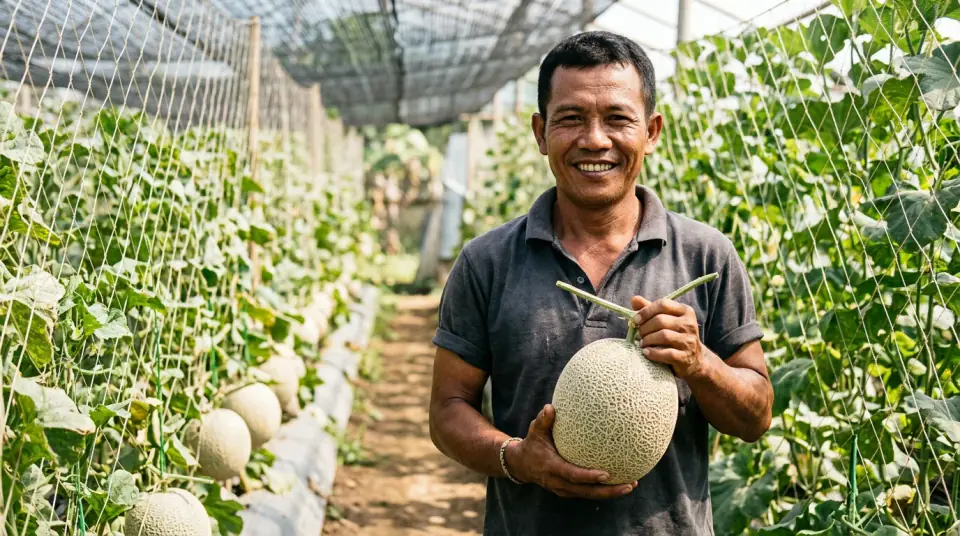 Dokumentasi buah melon Pak Slamet Riyadi bertangkai tebal dan berbobot di Banyuwangi