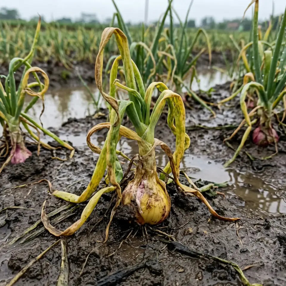 Kondisi daun bawang merah melintir inul leher membusuk rebah di tanah