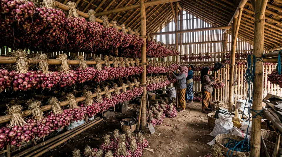 Foto panen raya bawang merah super jumbo berumbi padat mengkilap