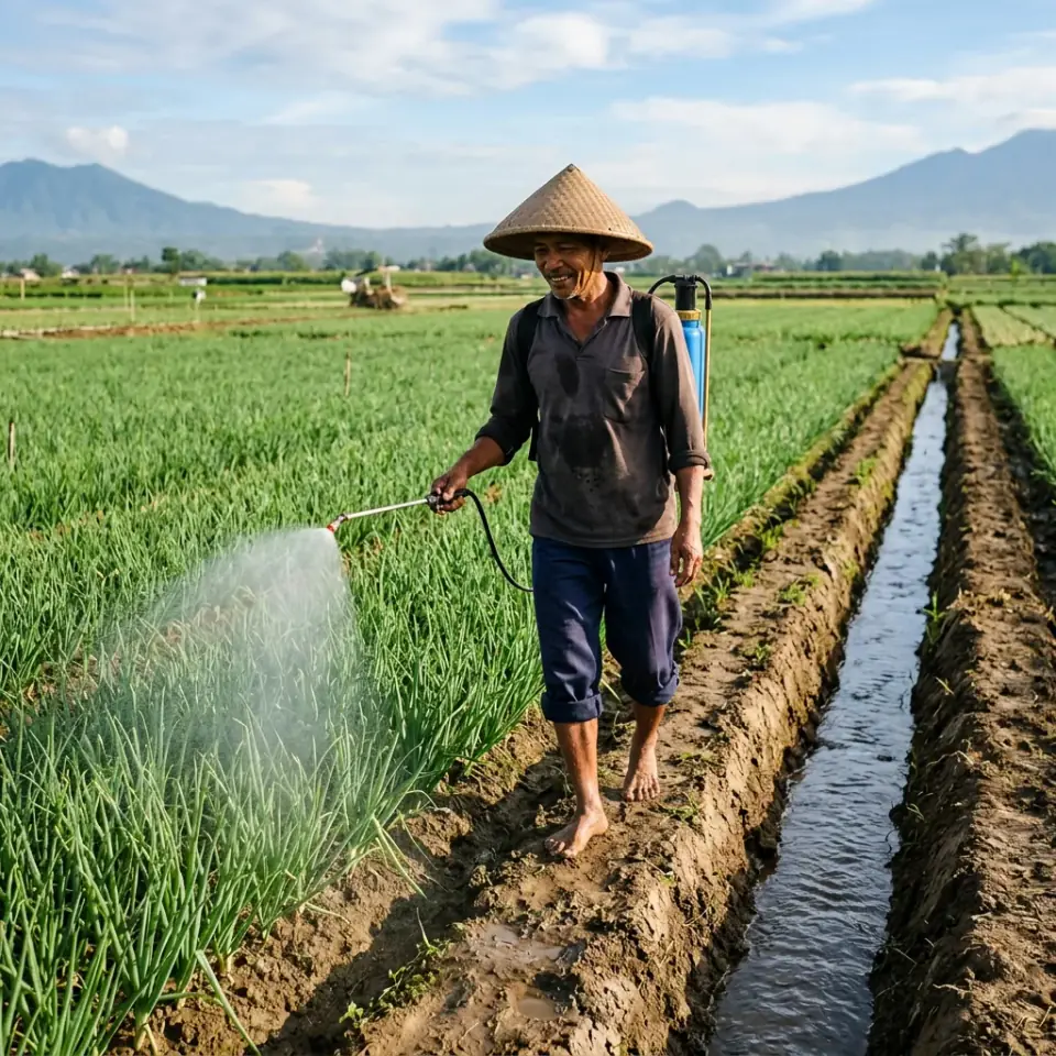 Petani menyemprot kabut nutrisi penegak daun bawang merah di sawah