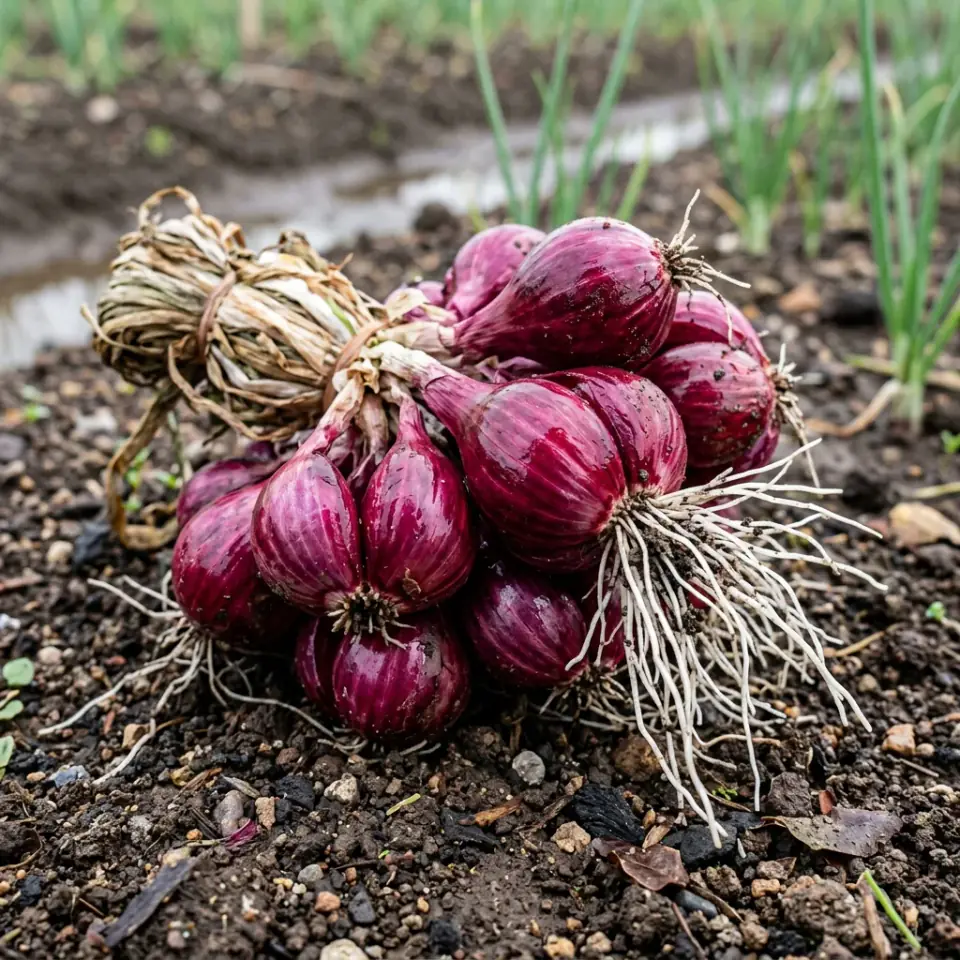 Foto makro umbi bawang merah padat merah tembaga super jumbo