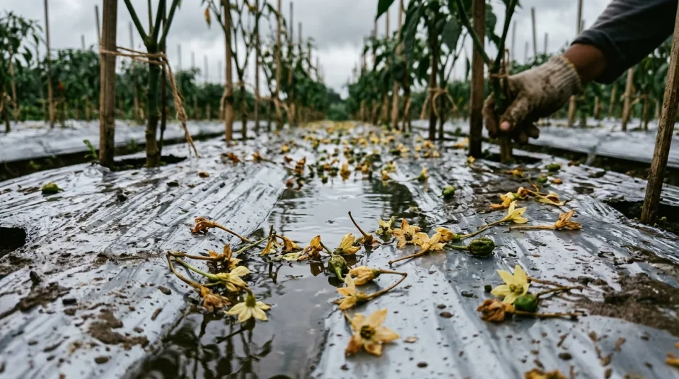 Ribuan bunga dan pentil buah cabai menguning patah rontok berserakan di atas plastik mulsa habis hujan malam
