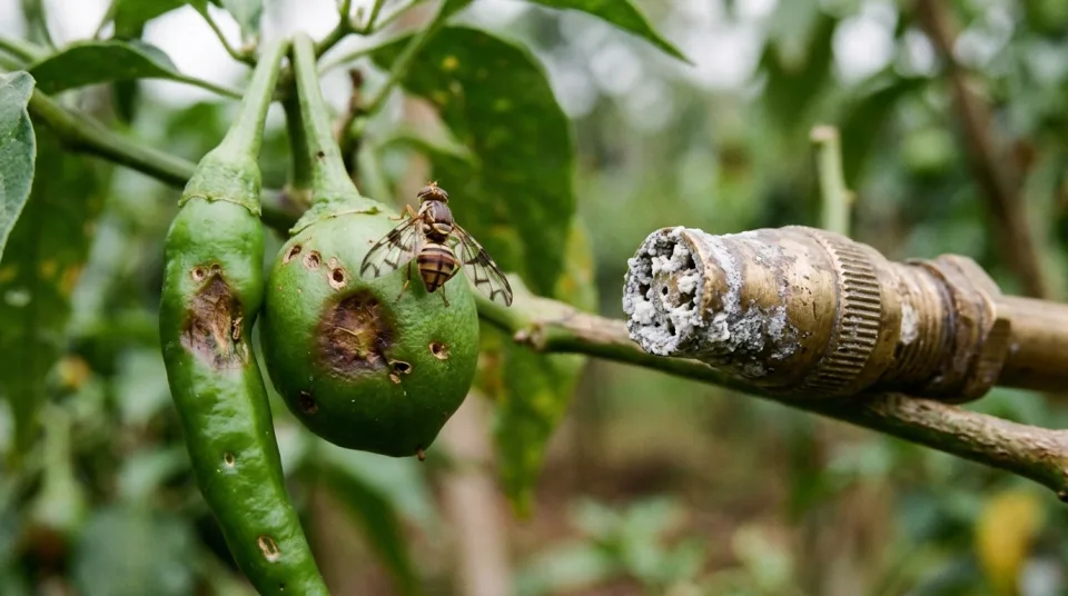 Buah cabai dan mangga busuk berulat disengat lalat buah akibat bau amis pupuk asam amino ikan dan spuyer mampet endapan bubuk