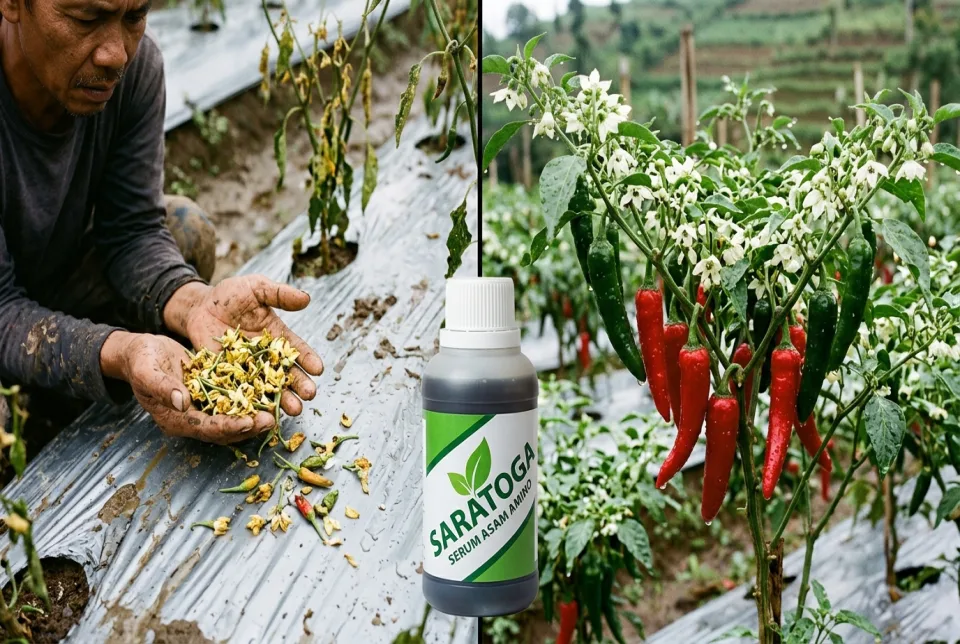 Perbandingan bunga cabai dan buah gugur di atas mulsa vs tangkai bunga terkunci kokoh dan dompolan buah lebat mengkilap dengan Saratoga