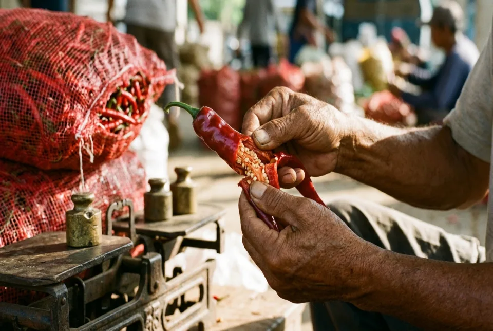 Daging buah cabai dan tomat super tebal padat berbobot berat di atas timbangan panen