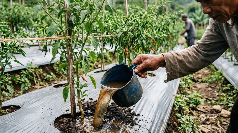 Petani mengocor larutan Kojien tepat ke lubang tanam mulsa cabai