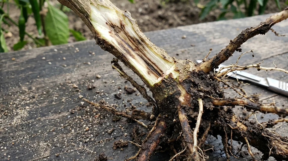Pangkal batang cabai dibelah tampak cincin cokelat kehitaman akibat jamur Fusarium