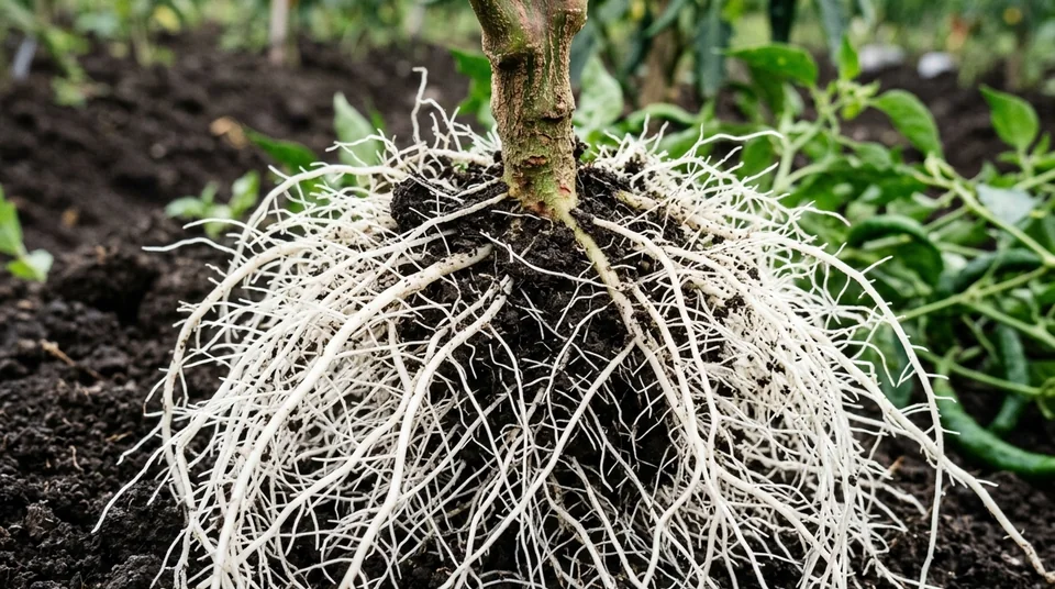 Detail makro bonggol perakaran tanaman yang putih bersih bebas bercak cokelat fusarium