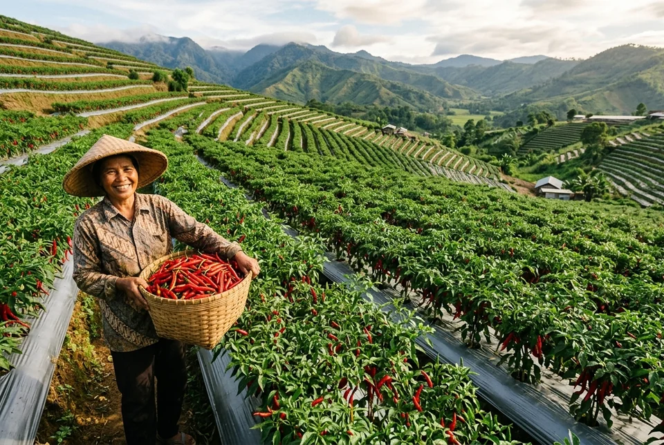 Panen raya cabai merah dan tomat segar dari kebun yang bebas penyakit layu