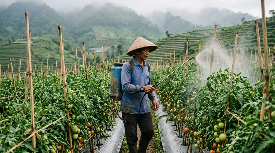 Petani tomat menyemprot kabut Saratoga pada barisan tanaman tomat berajir bambu