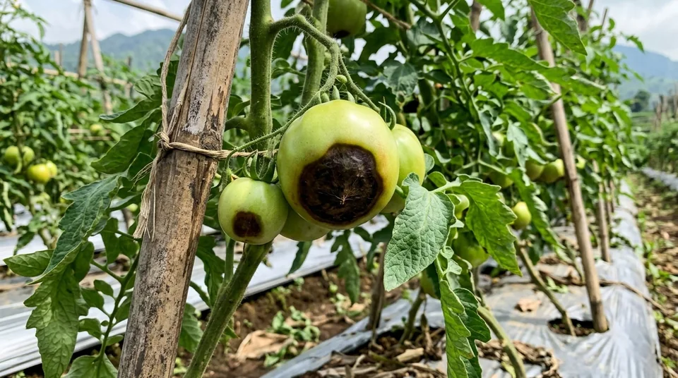 Buah tomat muda dan matang terserang busuk pantat hitam cekung Blossom End Rot di pohon