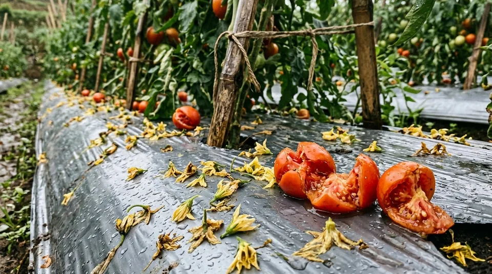 Bunga tomat menguning rontok dan buah tomat matang retak pecah kulitnya setelah hujan