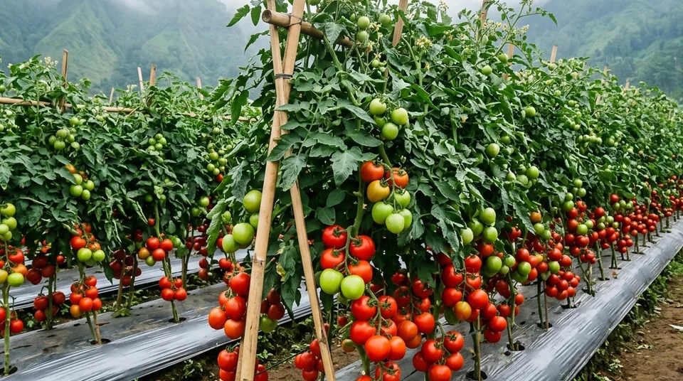 Hamparan kebun tomat dataran tinggi berajir bambu rapi dengan buah merah lebat siap petik
