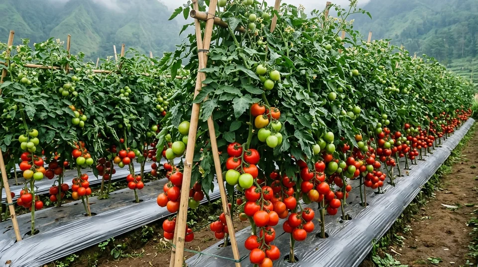 Tanaman tomat dengan Saratoga dompolan buah merah mulus padat dari bawah sampai pucuk