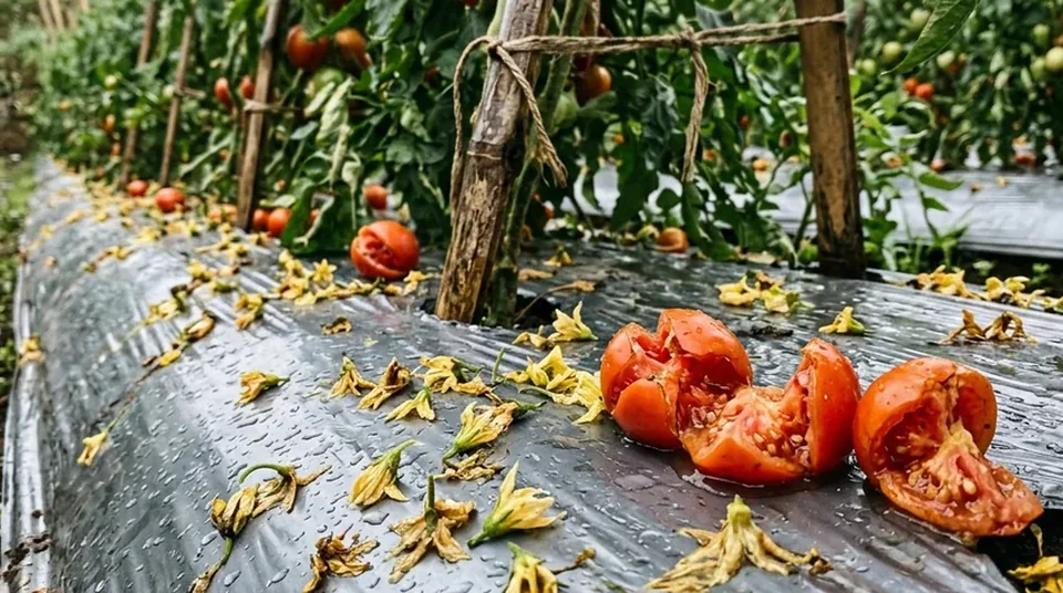Tanaman tomat tanpa Saratoga banyak buah busuk pantat hitam dan bunga rontok